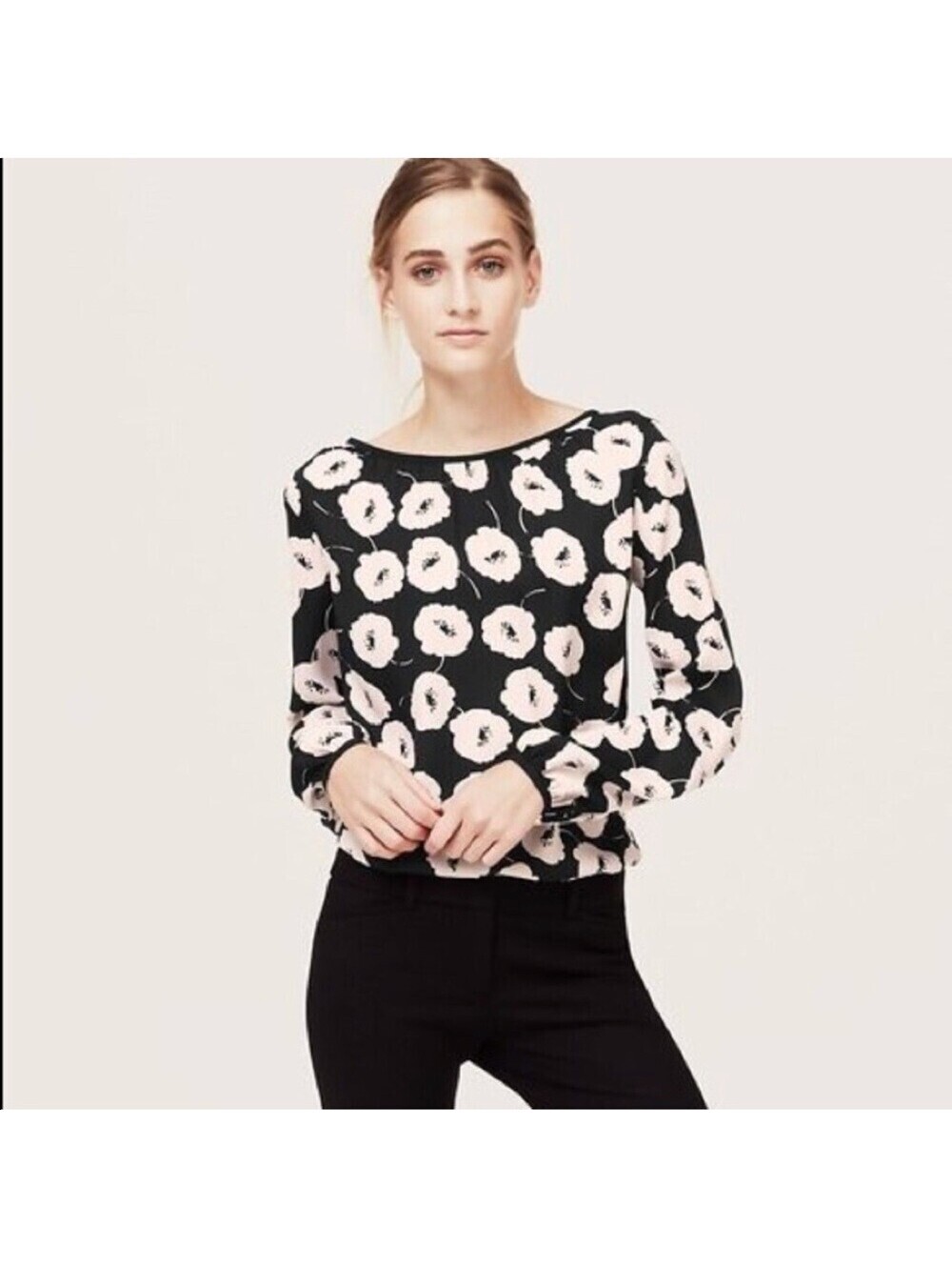Loft EUC Women's Black White Poppy Print Floral Long Sleeve Blouse Size L